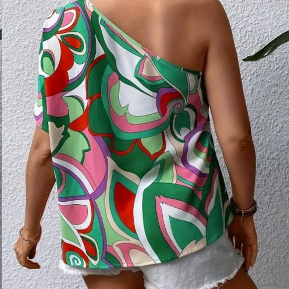 DISCO One Shoulder Backless Short Sleeve Top Green Pink Plus 2X NEW Sexy Plus - Picture 2 of 2
